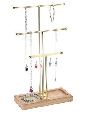 3-tier T-Bar gold metal jewelry organizer stand with solid wood tray base